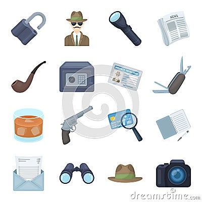Pistol, tube, identification, magnifier and other attributes. Detective set collection icons in cartoon style vector Vector Illustration