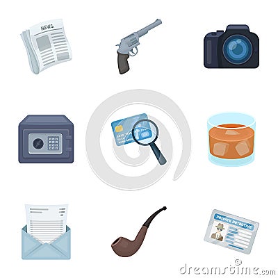 Pistol, tube, identification, magnifier and other attributes. Detective set collection icons in cartoon style vector Vector Illustration