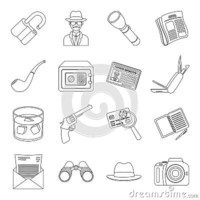 Pistol, tube, identification, magnifier and other attributes. Detective set collection icons in line style vector symbol Vector Illustration