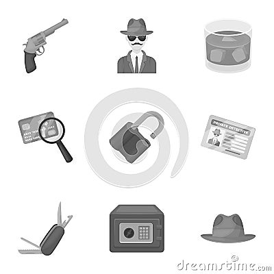 Pistol, tube, identification, magnifier and other attributes. Detective set collection icons in monochrome style vector Vector Illustration