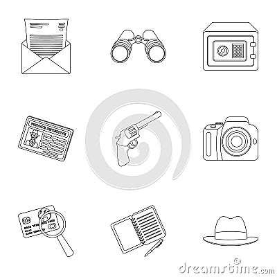 Pistol, tube, identification, magnifier and other attributes. Detective set collection icons in outline style vector Vector Illustration