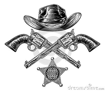 Pistols and Cowboy Hat with Sheriff Star Badge Vector Illustration