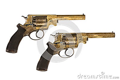 Pistols pair original decorated gold ornate revolvers Stock Photo