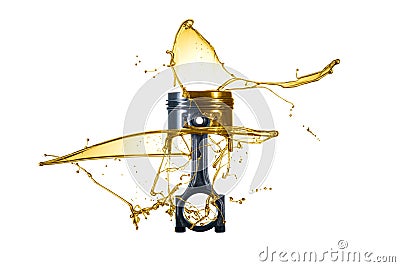 Piston and connecting rod are thrown with oil. Engine oil concept - Oil Splash - isolated on white Background Stock Photo