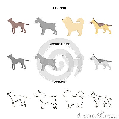 Pit bull, german shepherd, chow chow, schnauzer. Dog breeds set collection icons in cartoon,outline,monochrome style Vector Illustration