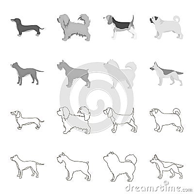 Pit bull, german shepherd, chow chow, schnauzer. Dog breeds set collection icons in outline,monochrome style vector Vector Illustration