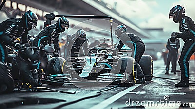 Pit Stop Anticipation: Crew Awaits the F1 Racing Car Stock Photo