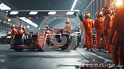 Pit Stop Anticipation: Crew Awaits the F1 Racing Car Stock Photo