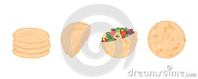 pita bread set. round tortilla stuffed with lettuce and falafel, half pie, a whole serving and stack of fresh baked goods Vector Illustration