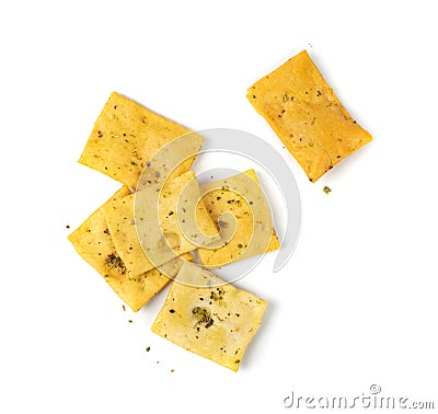 Pita Chips Isolated, Small Wheat Tortillas, Crunchy Flat Bread, Spicy Mediterranean Wheat Snack on White Stock Photo