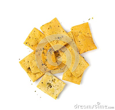 Pita Chips Isolated, Small Wheat Tortillas, Crunchy Flat Bread, Spicy Mediterranean Wheat Snack on White Stock Photo