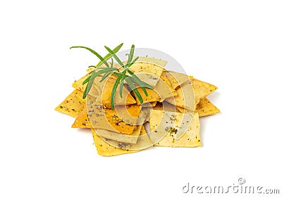 Pita Chips Isolated, Small Wheat Tortillas, Crunchy Flat Bread, Spicy Mediterranean Wheat Snack on White Stock Photo