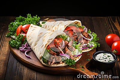 Pita wrapped Greek gyros on a dark wooden background with copy space Stock Photo