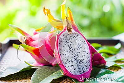 Pitahaya with leaves Stock Photo