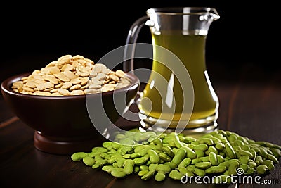 pitcher of beer beside mound of edamame snack Stock Photo