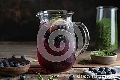 Pitcher Of Blueberry Lemonade With Fresh Thyme. Generative AI Stock Photo