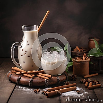 Pitcher of horchata with cinnamon sticks and ice cubes on a wooden table Stock Photo