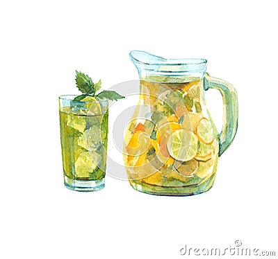 Pitcher of lemonade. Glass with a drink Cartoon Illustration