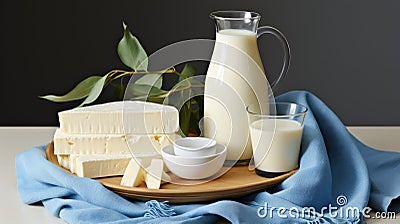 A pitcher of milk, a bowl of cheese and a bowl of butter. Generative AI image. Stock Photo