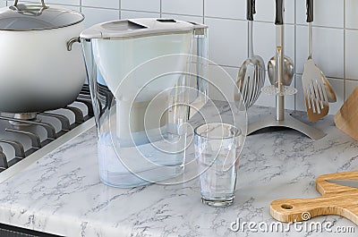 Pitcher water filter on the kitchen table. 3D rendering Stock Photo