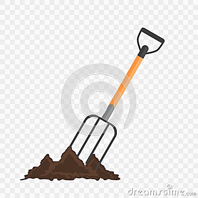 Pitchfork in the ground. Gardening tool on checked background Vector Illustration