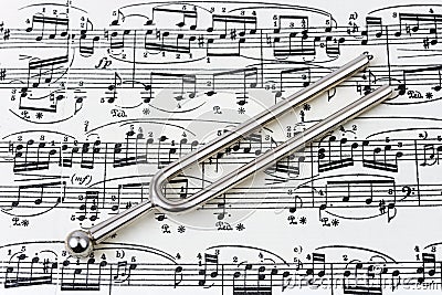 Pitchfork on sheet music Stock Photo