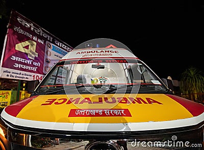 Pithoragarh, India, June, 2021 : Uttarakhand state Ambulance specially dedicated to COVID Editorial Stock Photo