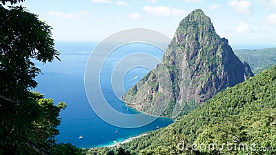 The Piton Mountains on the tropical Caribbean Island Saint Lucia. Stock Photo