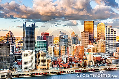 Pittsburgh downtown under a warm sunset light Stock Photo