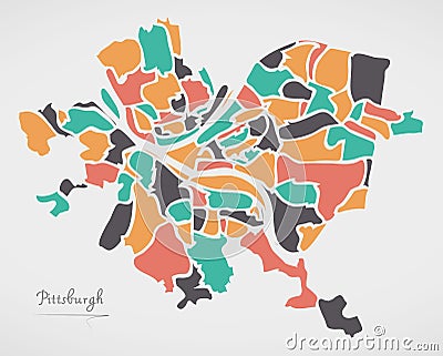 Pittsburgh Pennsylvania Map with neighborhoods and modern round Vector Illustration