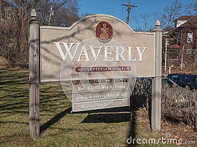 Pittsburgh, Pennsylvania, USA February 3, 2024 The Waverly Presbyterian Church sign on the corner of Forbes and Braddock Avenues Editorial Stock Photo