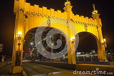 Warm glow of the Smithfield Street Bridge in Pittsburgh, Pennsylvania Editorial Stock Photo