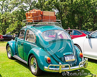 Pittsburgh, Pennsylvania, USA 7/21/2019 The Pittsburgh Vintage Gran Prix, 1967 VW Beetle with a filled luggage rack Editorial Stock Photo