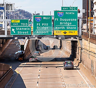 Pittsburgh, Pennsylvania, USA 2-21-21 Traffic and road signs on Route 376 west Editorial Stock Photo