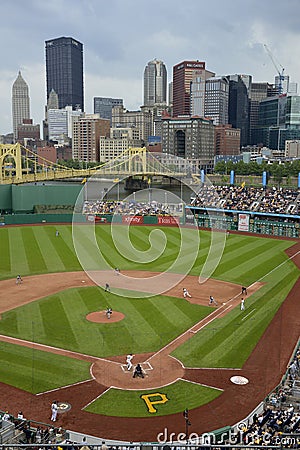 The Pittsburgh Pirates playing a game at PNC Park with downtown Pittsburgh in the background Editorial Stock Photo