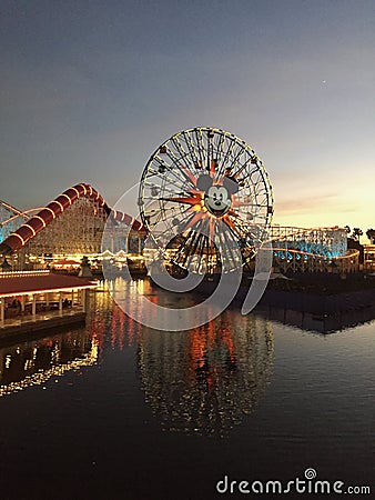 Pixar Pier Disneyland Los Angeles at night Portrait Editorial Stock Photo