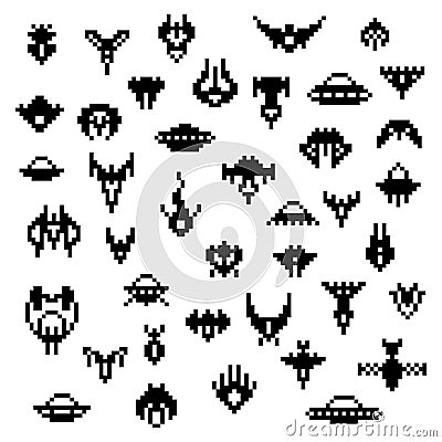 Pixel alien spaceships, a vector set of retro style 8 bit icons Vector Illustration
