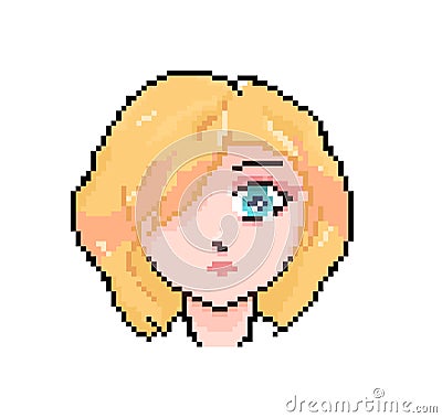 Pixel anime female face, cute character with blonde hair Vector Illustration