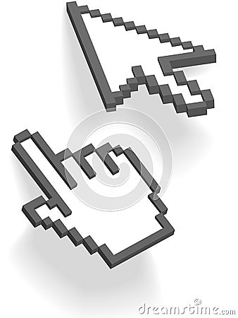 Pixel arrow hand 3D cursors point on shadows Vector Illustration