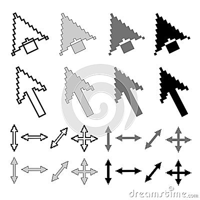 Pixel arrow icons set in white, black, light and deep gray. Vector illustration with cursors for web design. Isolated on white Cartoon Illustration