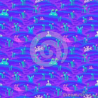 Pixel art aliens. Alien planet surface texture seamless tile backdrop Vector Illustration