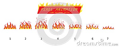 Pixel art 8 bit fire objects. Game icons set. Comic boom flame effects. Animation Process steps. Bang burst explode Vector Illustration