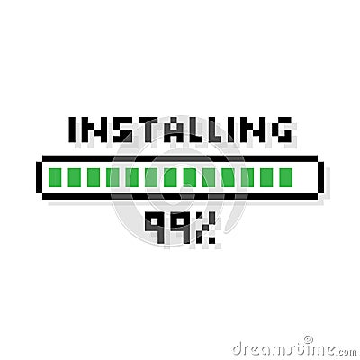 Pixel art 8-bit Installing green loading bar with loading status 99 percent - isolated vector illustration Vector Illustration