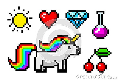 Pixel art 8 bit objects. Character unicorn and trophy. Retro game assets. Set of icons. vintage computer video arcades Vector Illustration