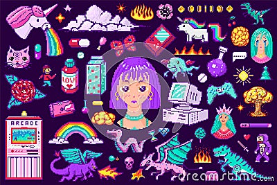 Pixel art 8 bit objects. Retro digital game assets. Set of Pink fashion icons. Vintage stickers for girl. Arcades Vector Illustration