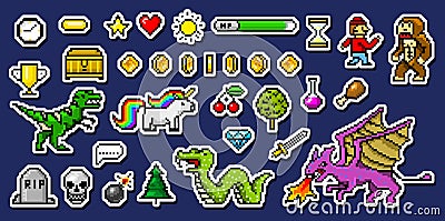 Pixel art 8 bit objects. Retro game assets. Set of icons. vintage computer video arcades. characters dinosaur pony Vector Illustration