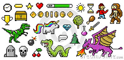 Pixel art 8 bit objects. Retro game assets. Set of icons. Vintage computer video arcades. Characters dinosaur pony Vector Illustration