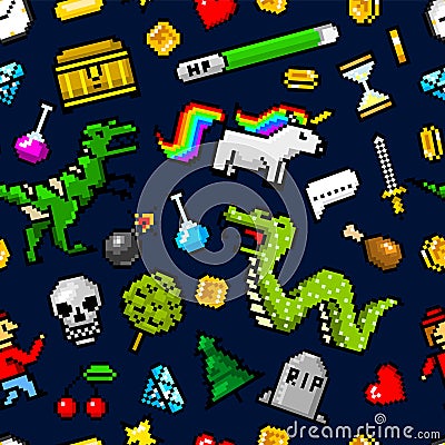 Pixel art 8 bit objects Seamless pattern. Retro game assets. Set of icons. Vintage computer video arcades. Characters Vector Illustration