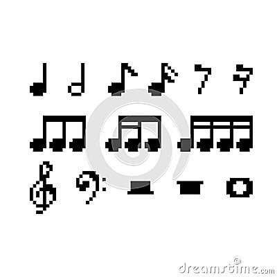 Pixel art 8-bit Set of Musical notes - isolated vector illustration Vector Illustration