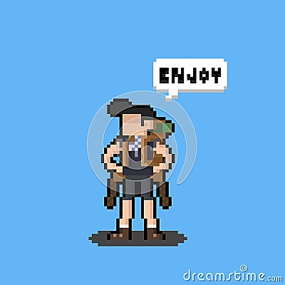 Pixel art cartoon backpacker character design saying `enjoy`. Vector Illustration